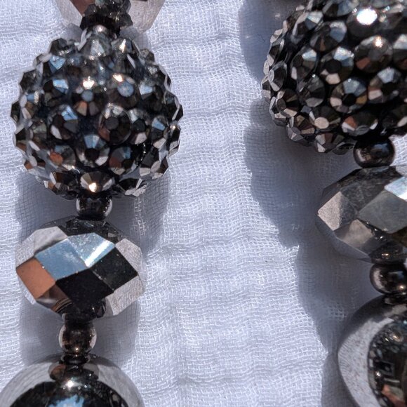 Large Rhinestone Ball Necklace, Big Gray Pearl Beaded Choker, Vintage Bling Neck - Picture 3 of 6